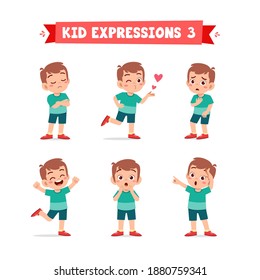 cute little kid boy in various expressions and gesture set