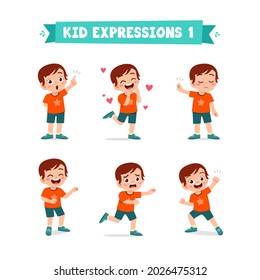 cute little kid boy in various expressions and gesture set