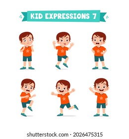 cute little kid boy in various expressions and gesture set