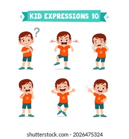 cute little kid boy in various expressions and gesture set