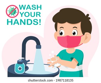 Cute little kid boy wearing face mask and wash your hands with soap for personal hygiene, disease prevention and healthcare. Cleaning hands from corona virus covid-19. Health care vector illustration.