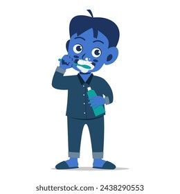 Niño lindo que se cepilla los dientes y que sostiene la pasta dental