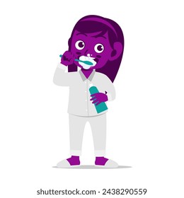 Cute little kid brushing teeth and holding tooth paste