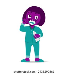 Cute little kid brushing teeth and holding tooth paste