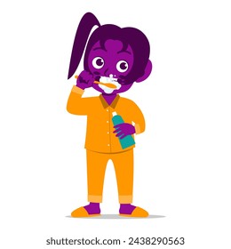 Cute little kid brushing teeth and holding tooth paste