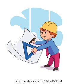 Cute Little Kid Builder Wearing Helmet Draw To Ruler On Whatman Paper. Young Engineer At Work. Job Dream. Child Character Working With Tool. Architecture And Housing. Vector Illustration