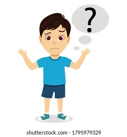 Pequeño niño pequeño, pensando y preguntando con un signo de interrogación