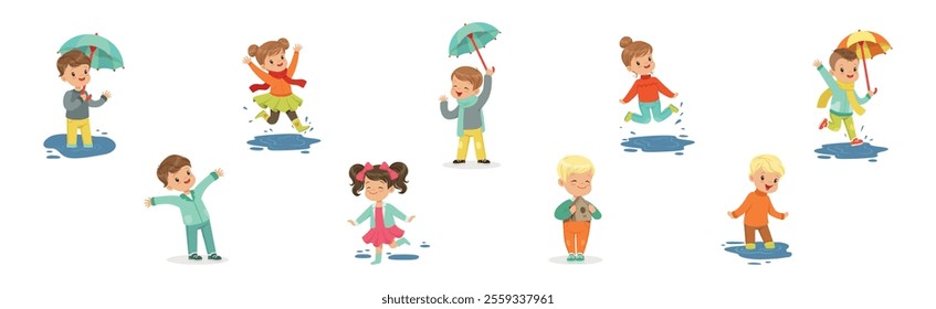 Cute Little Kid Character Splashing in Puddle Vector Set