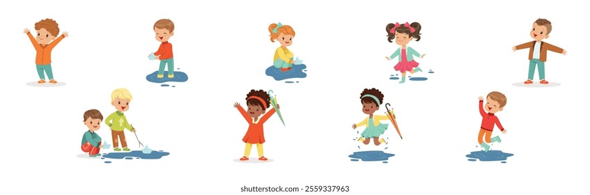 Cute Little Kid Character Splashing in Puddle Vector Set