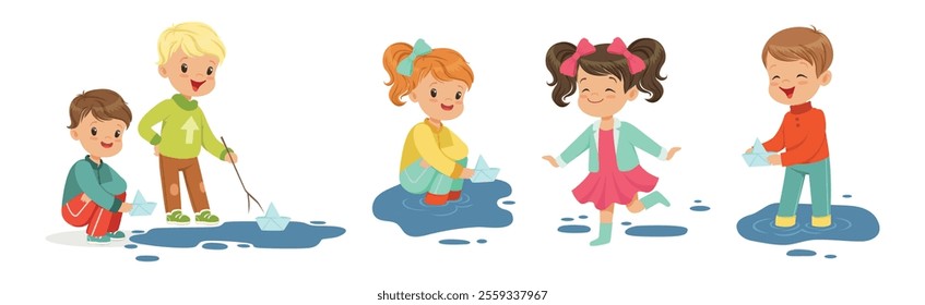 Cute Little Kid Character Splashing in Puddle Vector Set