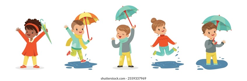 Cute Little Kid Character Splashing in Puddle Vector Set