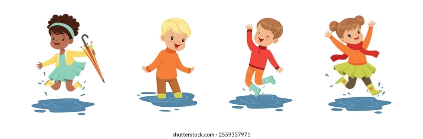 Cute Little Kid Character Splashing in Puddle Vector Set