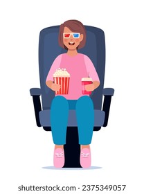 Cute little kid character watching movie with 3d glasses. Soda and popcorn in kids hands. Cinema theater entertainment for children. Vector illustration
