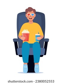 Cute little kid character watching movie with 3d glasses. Soda and popcorn in kids hands. Cinema theater entertainment for children. Vector illustration