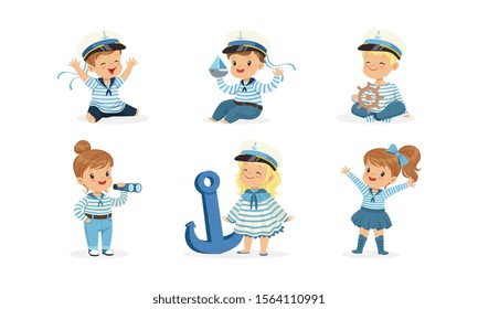 Cute Little Kid Characters Wearing Mariner Uniform Vector Illustrations Set