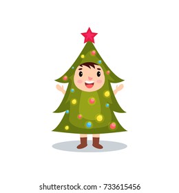 Cute little kid in the costume of hristmas tree, kid in festive fancy dress cartoon vector illustration