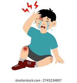 Cute little kid is crying because he fell and injured his leg, hand, and forehead. Vector illustration.