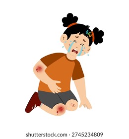 Cute little kid is crying because he fell and injured his leg, hand, and forehead. Vector illustration.