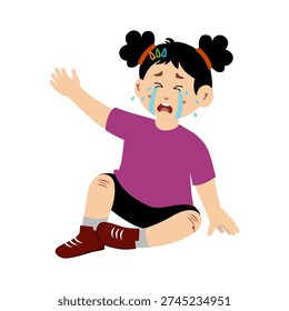 Cute little kid is crying because he fell and injured his leg, hand, and forehead. Vector illustration.