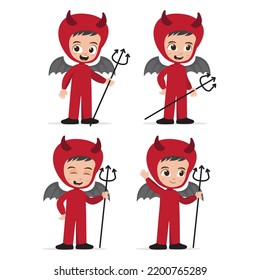 Cute little kid devil character vector set illustration