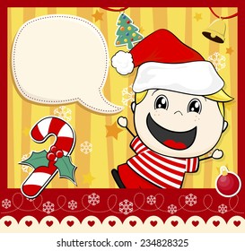cute little kid with dialog bubble text and christmas decoration