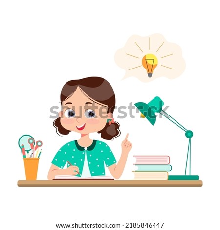 Cute little kid do homework and find the answer. Vector cartoon colorful flat illustration