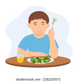 Pequeño y lindo niño comiendo ensalada con tenedor.  Niño comiendo verduras. Niños y comida saludable. Ilustración vectorial en estilo plano.