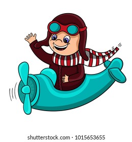 Cute little kid flying a plane on sky, vector illustration