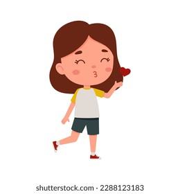 Cute little kid girl blowing a kiss. Cartoon schoolgirl character show facial expression. Vector illustration.