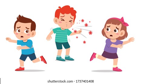 cute little kid girl and boy run from sneeze friend