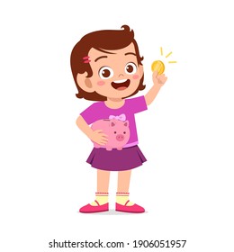 cute little kid girl carry piggy bank and golden coin