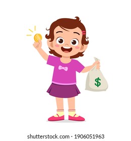 cute little kid girl carry bag of cash and coin