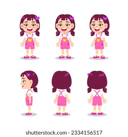 Cute little kid girl character turn around with happy expression and standing poses