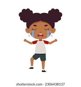 Cute little kid girl cry. Cartoon schoolgirl character show facial expression. Vector illustration.