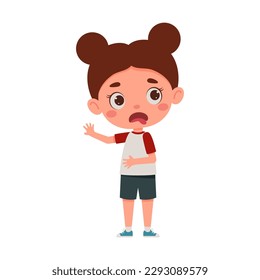 Cute little kid girl feeling disgusted. Cartoon schoolgirl character show facial expression. Vector illustration.