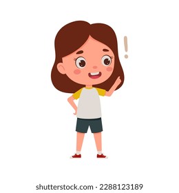 Cute little kid girl with great idea. Cartoon schoolgirl character show facial expression. Vector illustration.