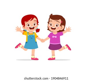 cute little kid girl holding hand with her friend