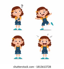 cute little kid girl pose with various expression set