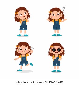 cute little kid girl pose with various expression set