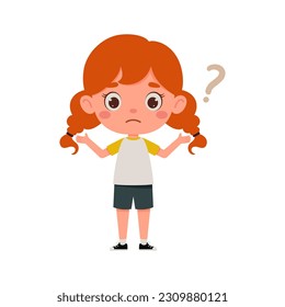 Cute little kid girl with red hair confused with question mark. Cartoon schoolgirl character show facial expression. Vector illustration.