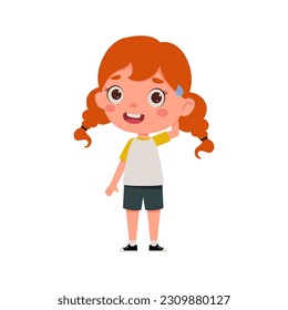 Cute little kid girl with red hair confused. Cartoon schoolgirl character show facial expression. Vector illustration.