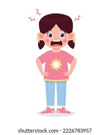 Cute little kid girl stand and show angry expression cartoon illustration