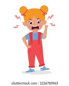 Cute little kid girl stand and show angry expression cartoon illustration