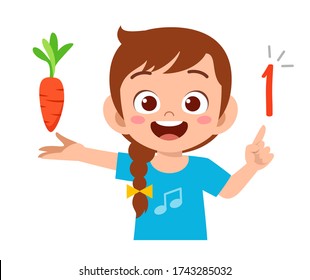 cute little kid girl study math number count vegetable