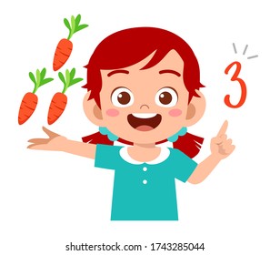 cute little kid girl study math number count vegetable