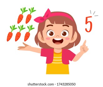 linda niña pequeña estudio número de recuento de matemáticas verduras