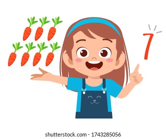 cute little kid girl study math number count vegetable