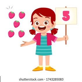 cute little kid girl study math number count vegetable