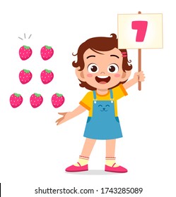 cute little kid girl study math number count vegetable