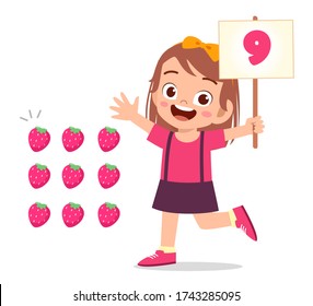 cute little kid girl study math number count vegetable